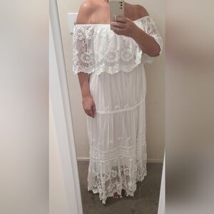 White Off-Shoulder Lace Maxi Dress